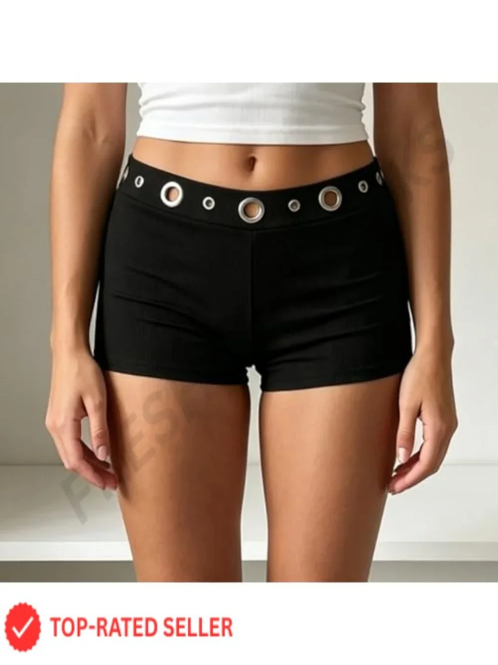 Y2K Grommet Eyelet Micro Mini Shorts High Rise Punk Rave Pull On Black